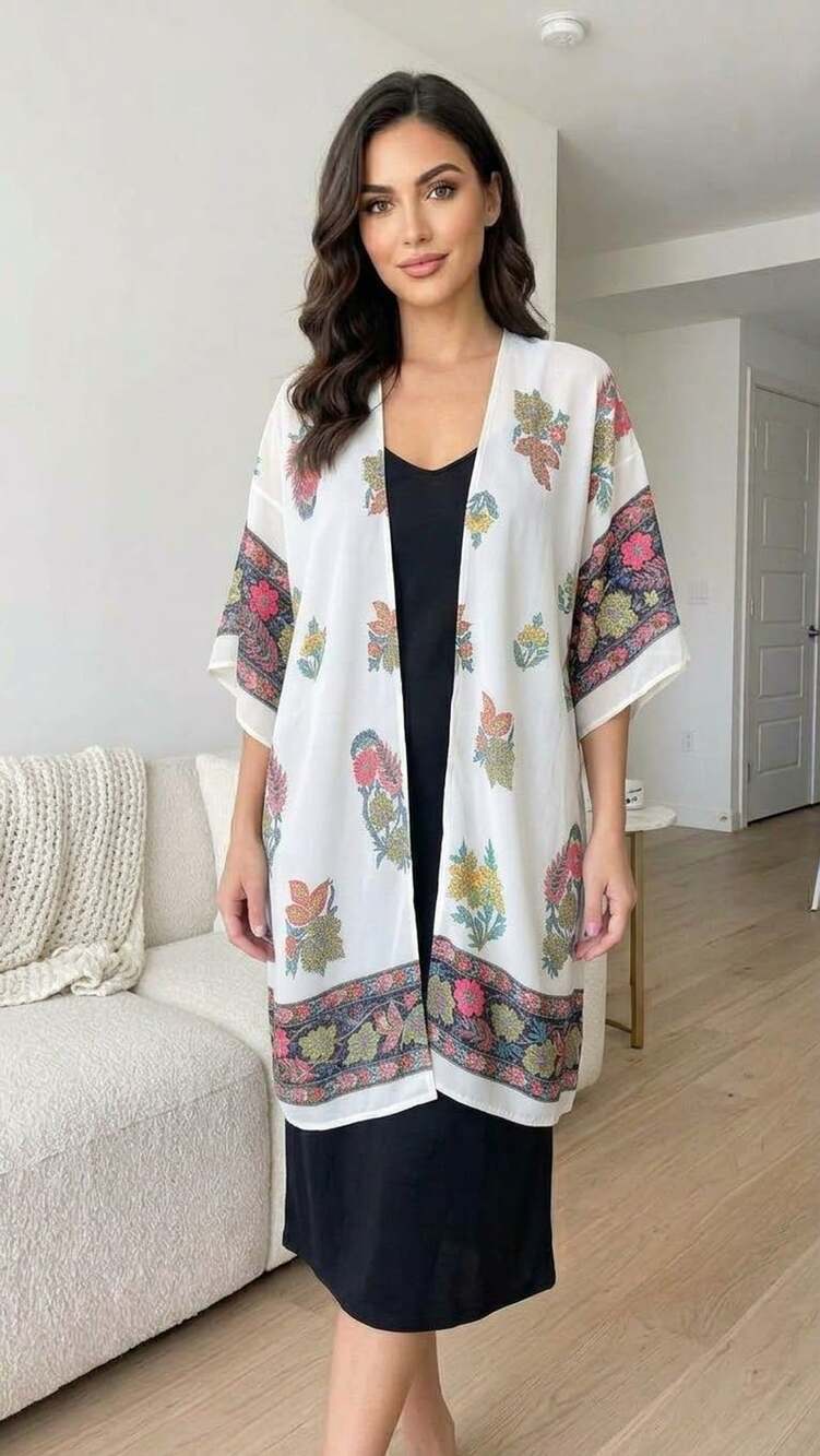 Charlotte Russe Floral Kimono Cardigan Size S White Boho Cover Up